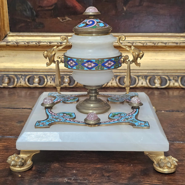 Large French Champleve Enamel Gilt Bronze Inkwell Stand. Circa 1880