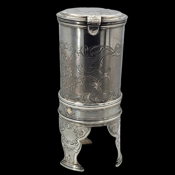 Unusual 19th-century Super Quality French Silver (1st Quality) Engraved Lidded Contianer And Stand